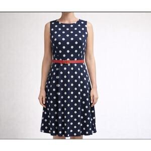 Tahari  Women’s Navy Blue Polka Dot Fit & Flare Dress Size‎ 12 coquette retro